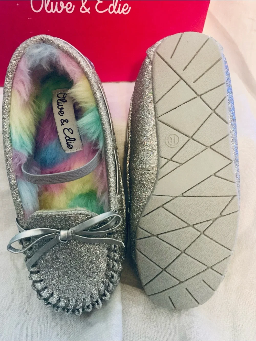 Olive & Edie Silver Glitter Kids Moccasins with Rainbow Faux-Fur Lining